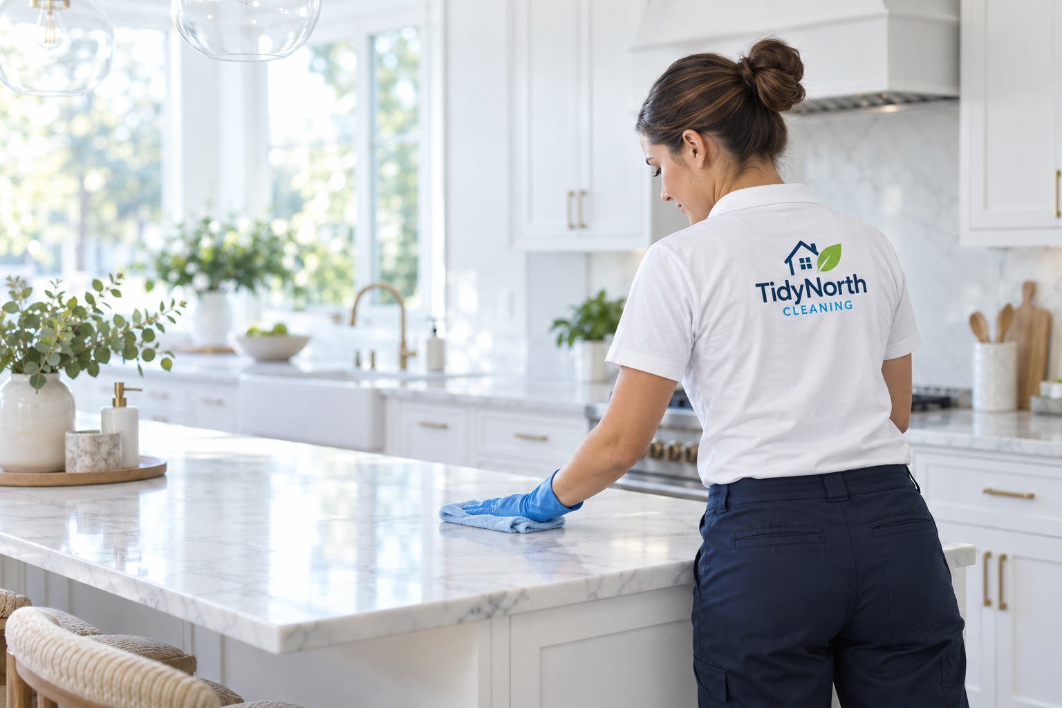 TidyNorth cleaner carefully wiping a bright kitchen counter